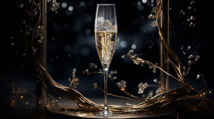 an image showcasing an opulent crystal flute, brimming with effervescent golden bubbles. The elegant glass, adorned with delicate etchings, reflects the ambient glow of twinkling candlelight, evoking the luxurious essence of the finest champagne brands.
