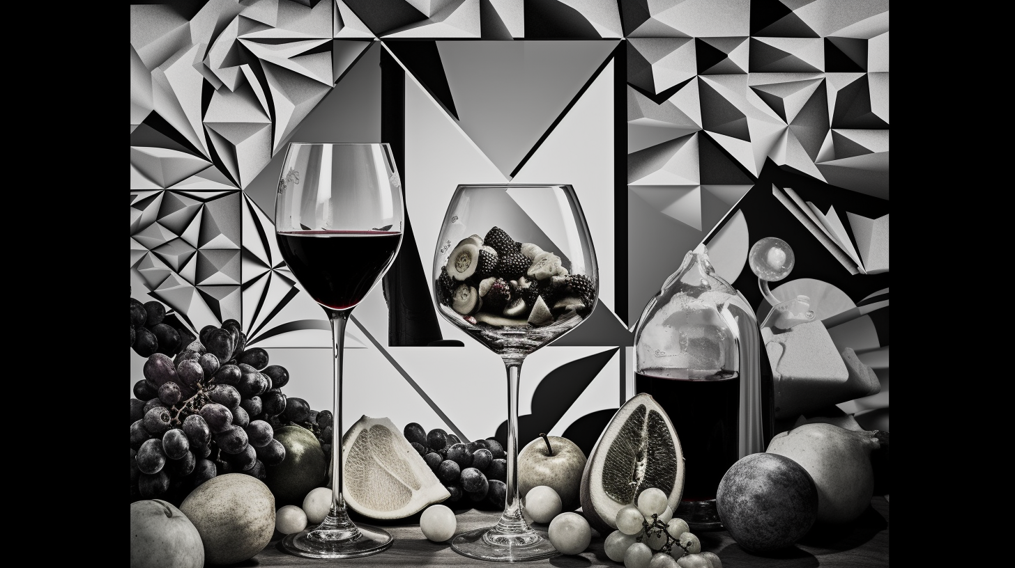 Detailed black and white geometric representation of carbs in wine, showcasing wine types and health aspects in an artistic composition.