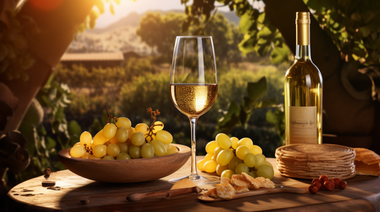 :A golden-hued Chardonnay in an elegant wine glass, surrounded by sunlit vineyard, a wine barrel, a corkscrew and bunches of ripe Chardonnay grapes