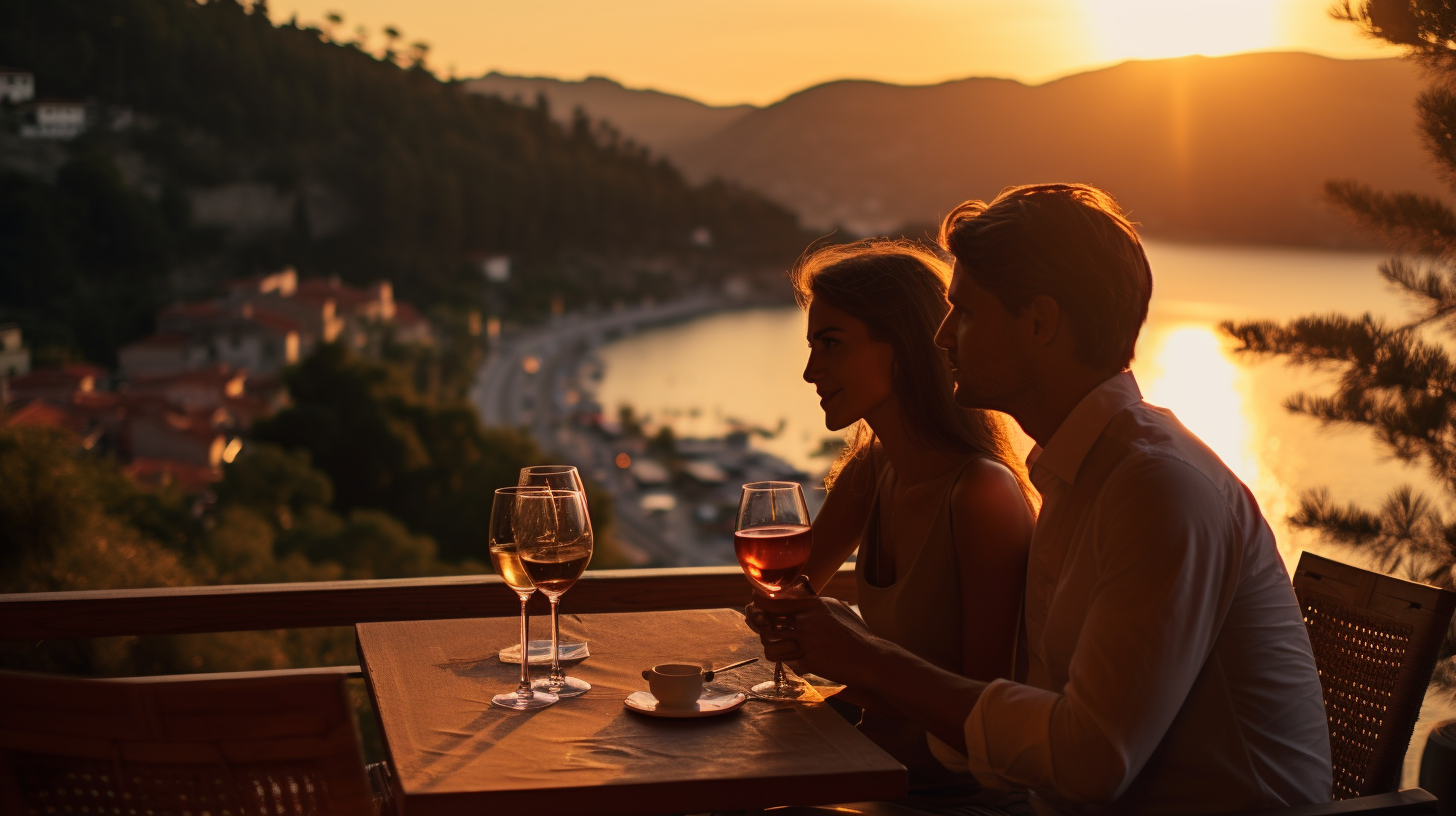 A couple is enjoying Zindanfel wine in a beautiful restaurant with a view of the sea and nature.