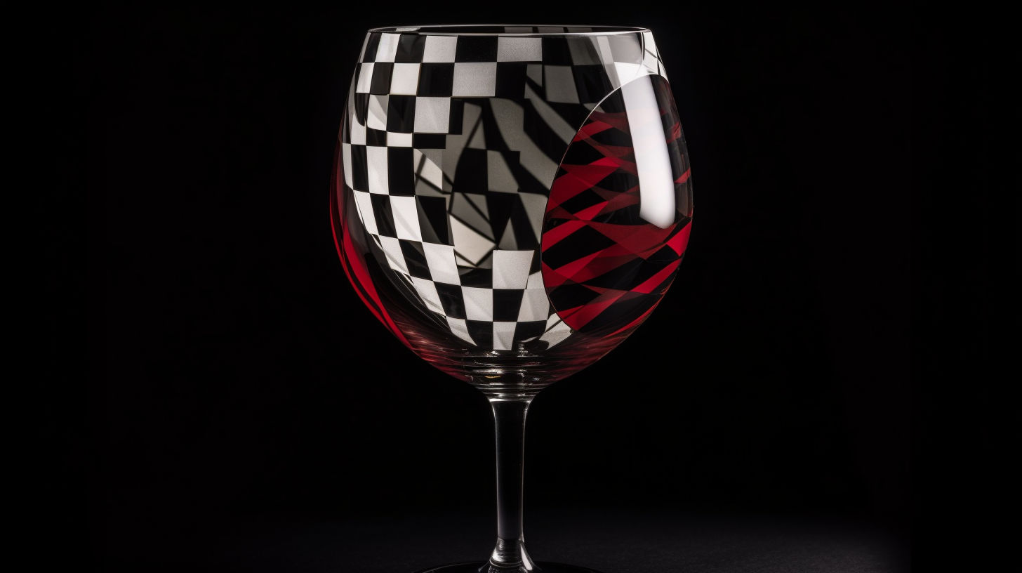 Detailed black and white geometric representation of carbs in wine, showcasing wine types and health aspects in an artistic composition.