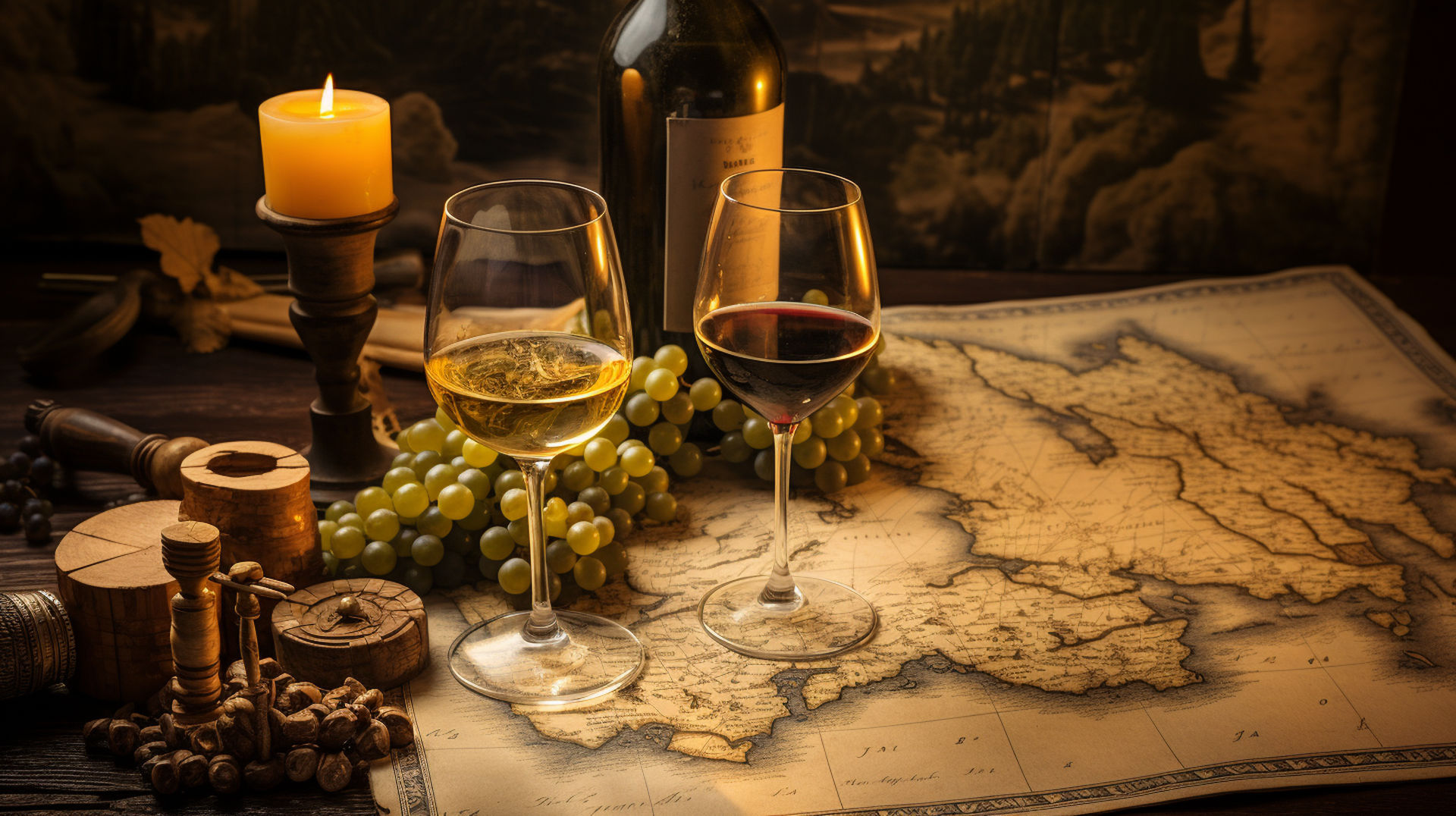 An elegant bottle of Chardonnay in a rustic wine rack, with a detailed map of the Burgundy region and a bunch of ripe, golden Chardonnay grapes in the background.