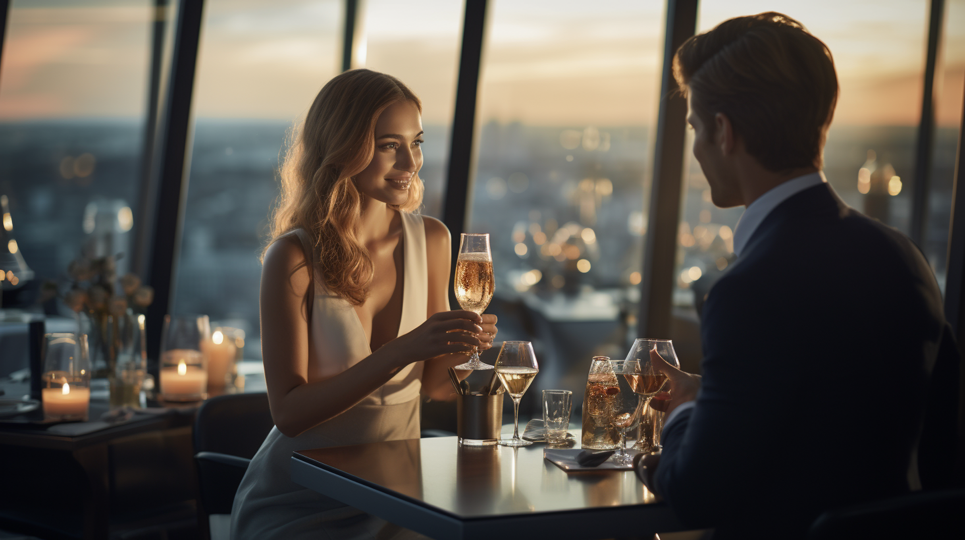 A woman and a man are and drinking sweet wine at a restaurant on the top floor of a skyscraper on a date night.