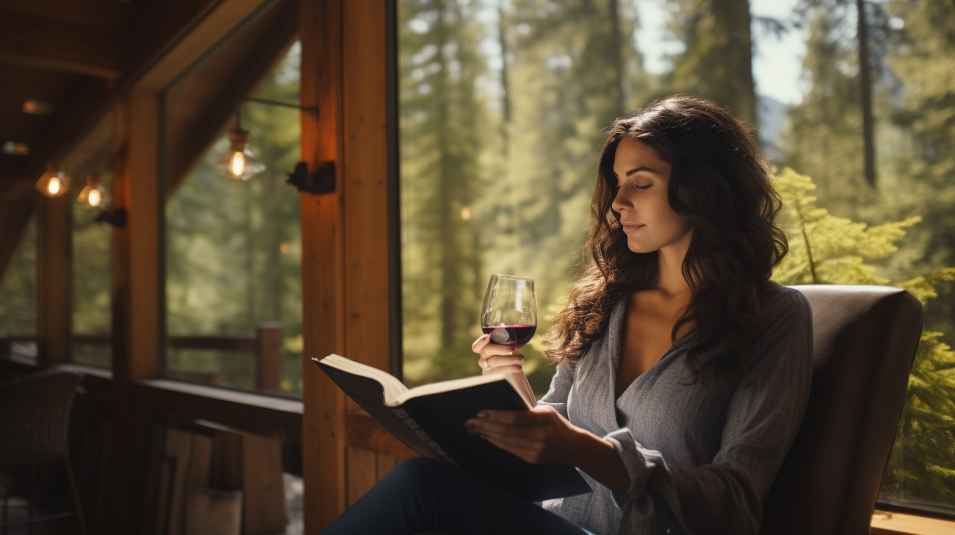 An attractive woman reads a book about wine while sipping a glass of wine. He is sitting in a cozy, biophilic designed cafe with the forest and mountains in the background.