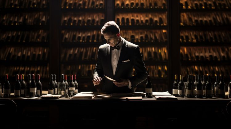 an image capturing the elegance of a dimly lit cellar, adorned with rows of meticulously organized wine bottles, showcasing a sommelier skillfully pouring wine into a crystal glass, inviting readers to explore the journey of becoming a wine connoisseur.