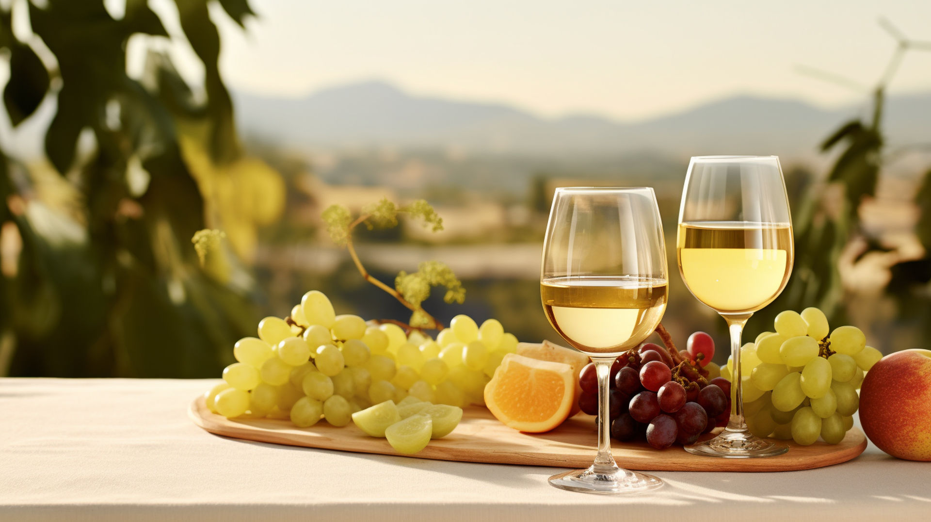 an image featuring a glass of Chardonnay, a vineyard background, diverse color palette hinting at apple, vanilla, and butter flavor profiles, and subtle oak and citrus accents