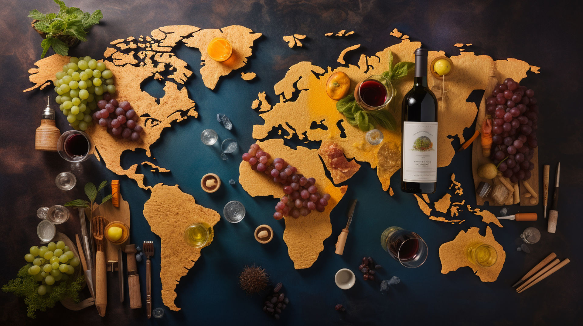  an image featuring a world map, marked with vibrant vineyard landscapes, wine bottles, and grapes, symbolizing key Chardonnay wine regions across the globe.