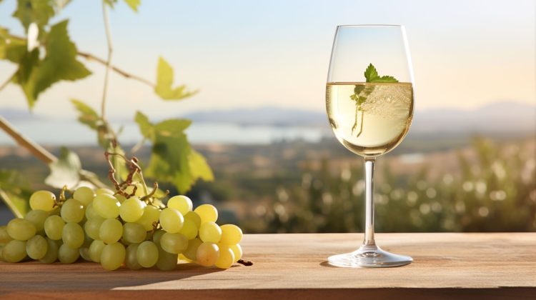 an image showcasing a crisp glass of Sauvignon Blanc, with its pale straw color shimmering in the sunlight. The wine's refreshing acidity and vibrant aromas of gooseberry, citrus, and freshly cut grass should be visually conveyed.