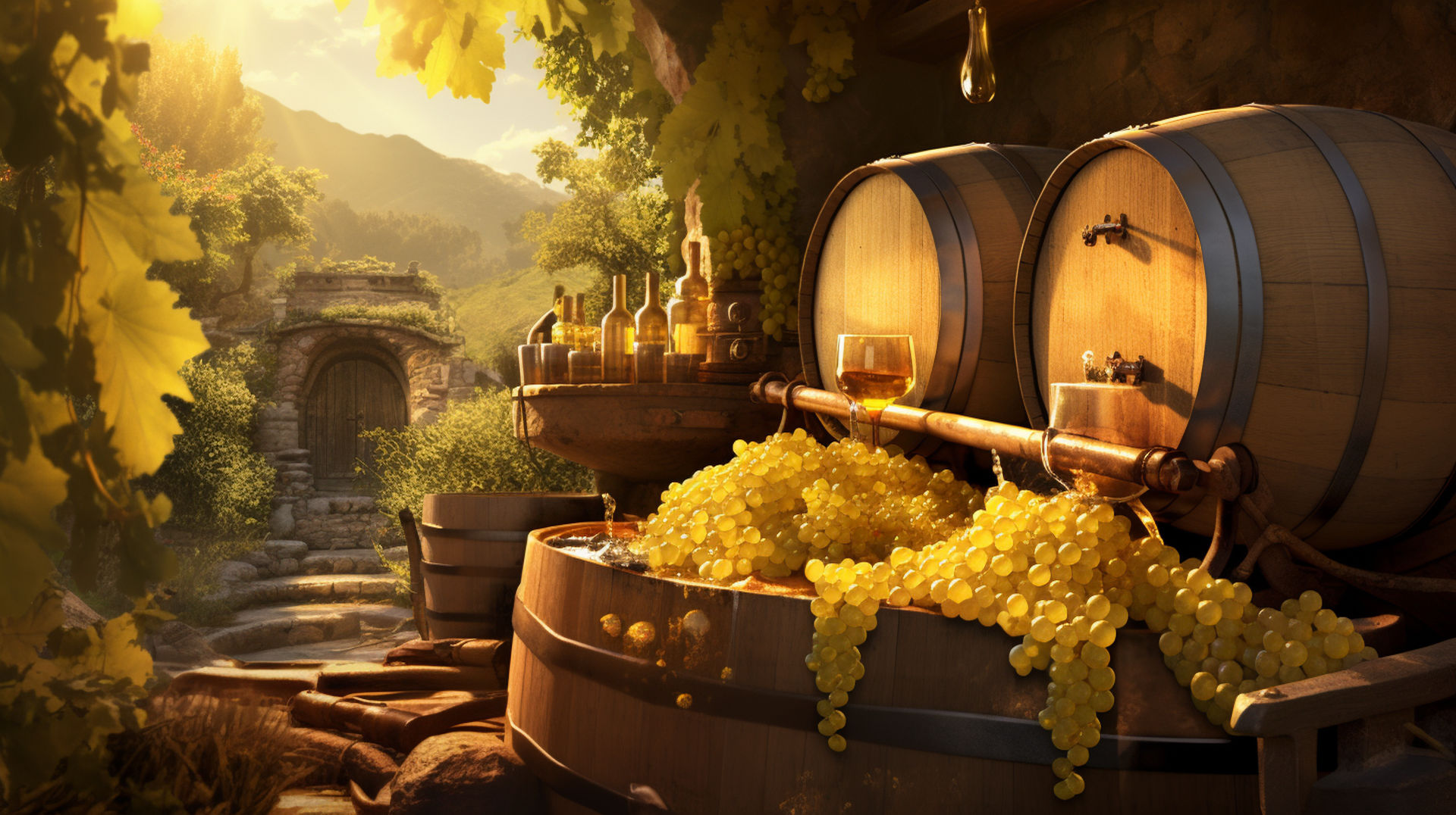 an image showcasing a sunlit vineyard with Chardonnay grapes, a wine press, oak barrels, and a glass of golden Chardonnay, capturing the process of winemaking.