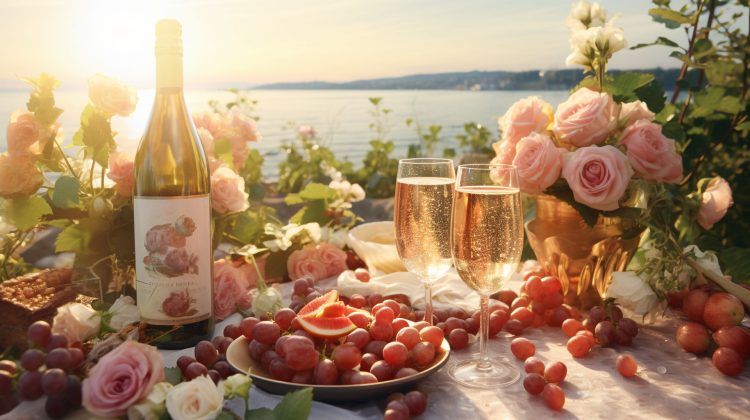 an image showcasing a vibrant summer scene: a sun-kissed vineyard, lush green grapevines intermingled with blush pink roses, while a crystal-clear glass of pale salmon-hued rosé glistens under the golden rays - pink wine