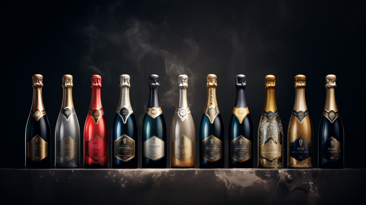 an image showcasing an assortment of Champagne bottle sizes side by side, ranging from the petite Piccolo and Half Bottle to the grand Nebuchadnezzar and Melchizedek.