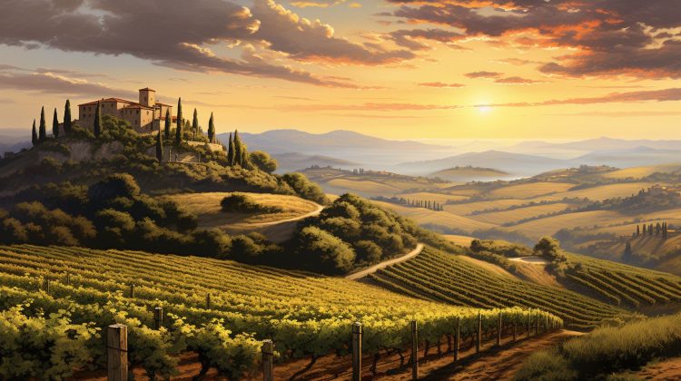 an image showcasing the picturesque vineyards of Montalcino, where rolling hills meet rows of lush grapevines under a golden Tuscan sun, evoking the essence of the world's most beloved red wine.