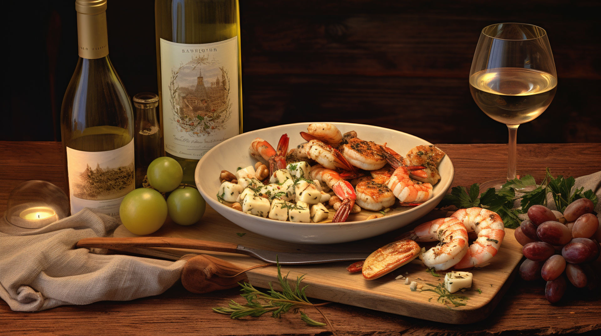  image showcasing a bottle of Chardonnay surrounded by a variety of foods such as grilled chicken, camembert cheese, buttery shrimp, and roasted almonds, all set on a rustic wooden table.