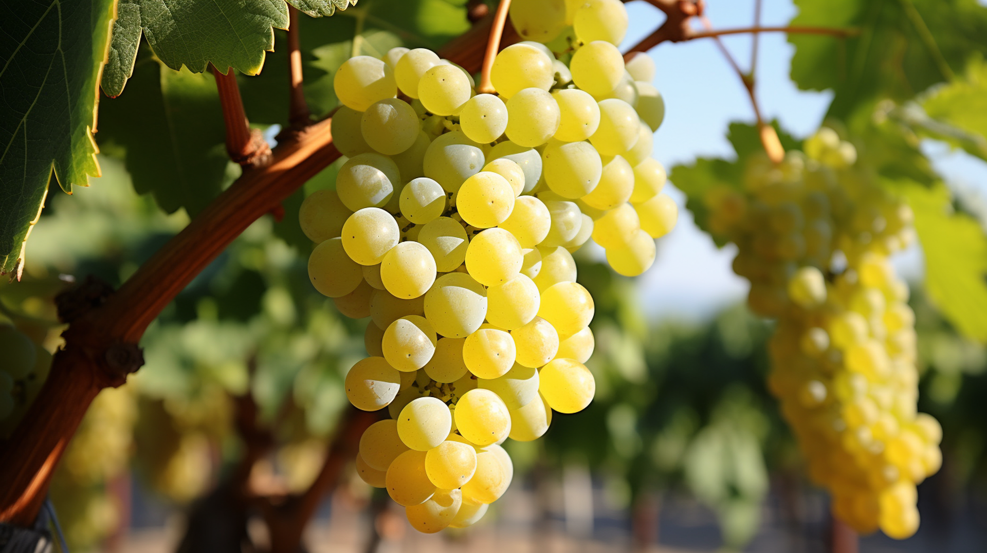 An image showing the warm Mediterranean climate's impact on Muscat grape cultivation for Moscato wine, showing sunny days and cool nights aiding in grape ripening, acidity maintenance, and aromatic enhancement. The image highlights tropical passion fruit flavors, high sugar content, and low acidity in grapes, essential for the sweet and refreshing taste of sparkling and pink Moscato wines, emphasizing the climate's role in developing Moscato's unique tropical flavors.