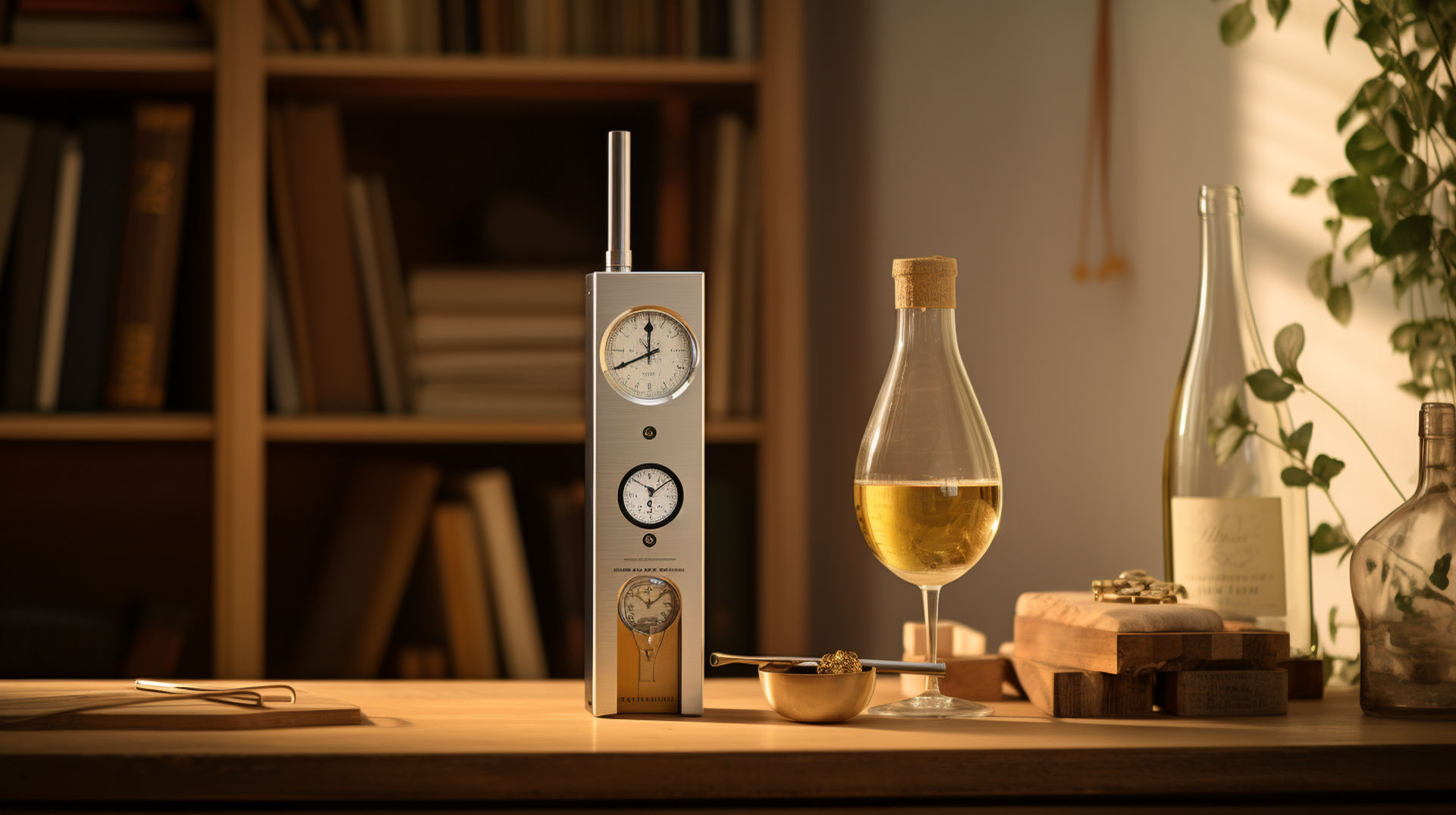 Image of a chilled Chardonnay bottle in an elegant wine rack, with a sophisticated wine glass, a wine opener, and a wine thermometer on a rustic wooden table.