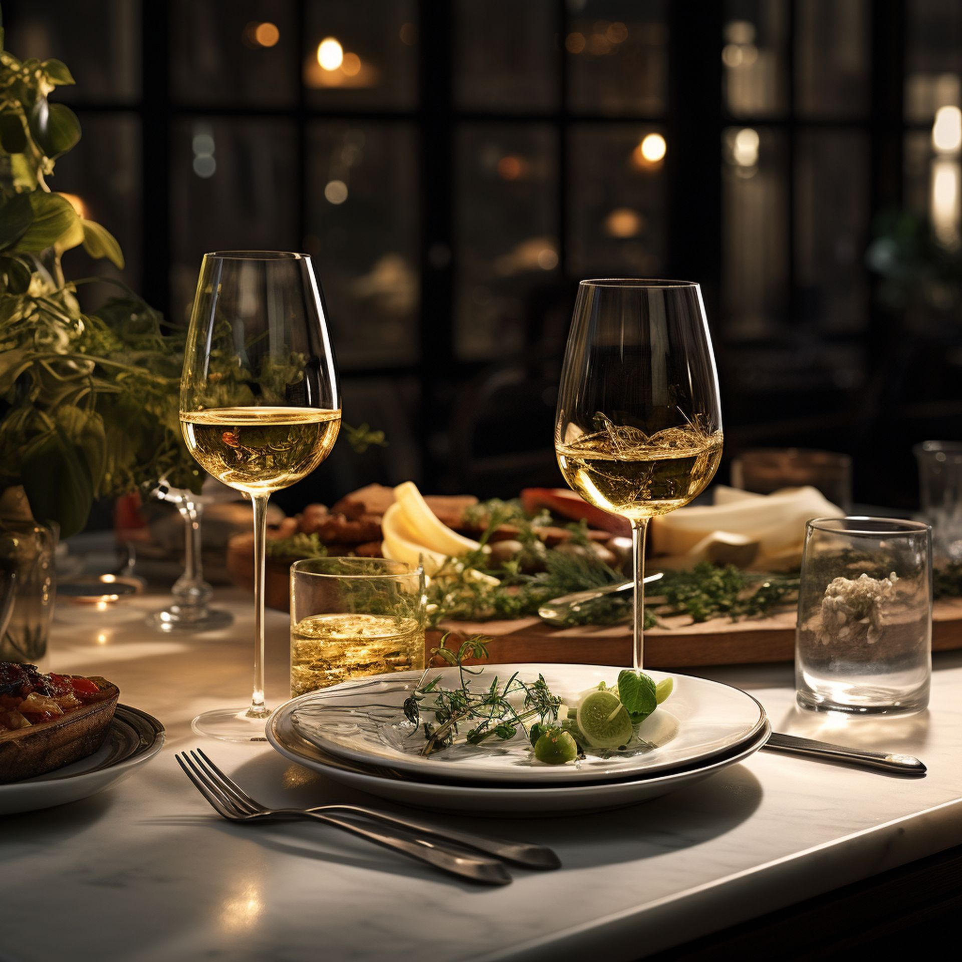 Influential and intense, a sophisticated dinner setting with Sauvignon Blanc wine, elegant glassware