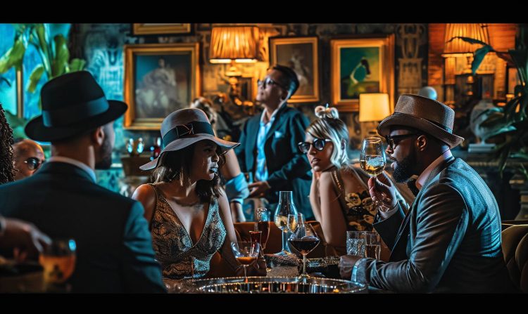 Visualize a luxurious wine tasting event featuring the best sweet wines of 2023, with attendees in sophisticated gangster and exotic outfits, set in an elegantly decorated room that blends modern chic with anachronic elements reminiscent of Picasso's style.
