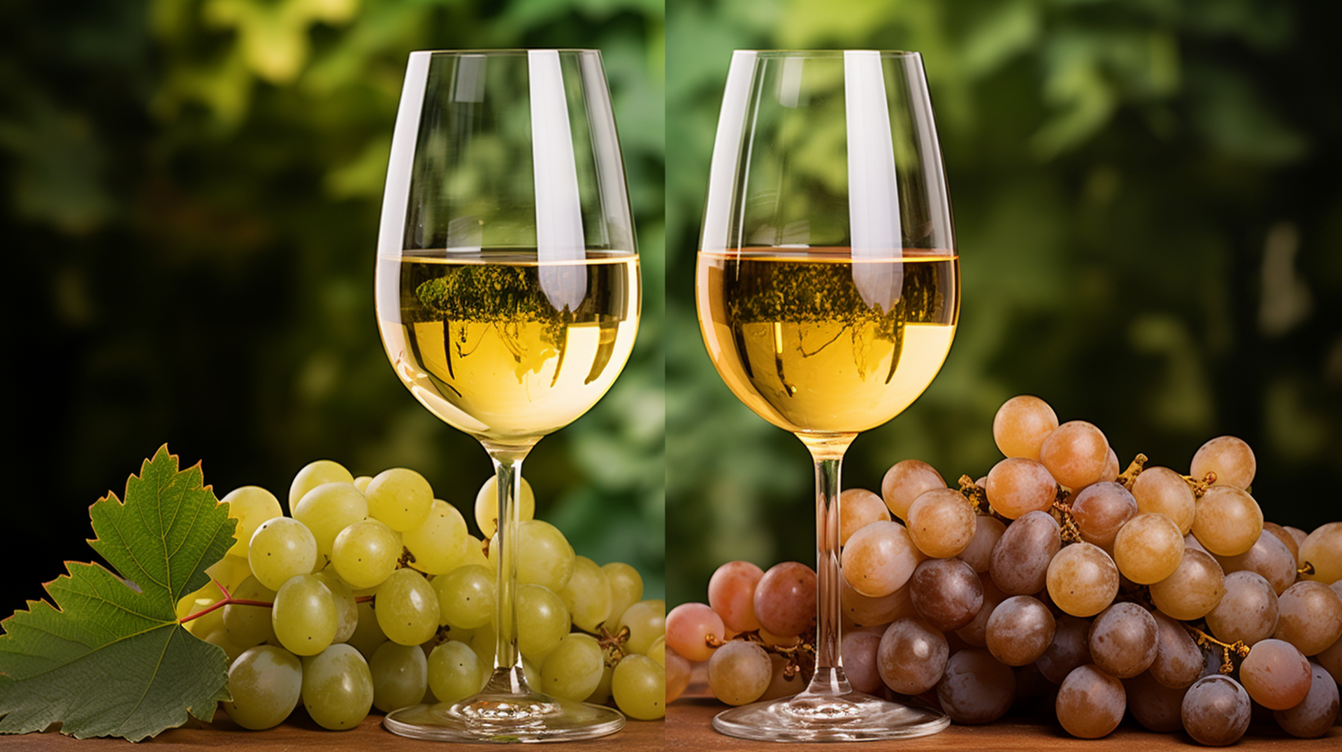  a split image comparing a golden Chardonnay in a wine glass and a paler Pinot Blanc, surrounded by their respective grapes and vine leaves to highlight the difference.