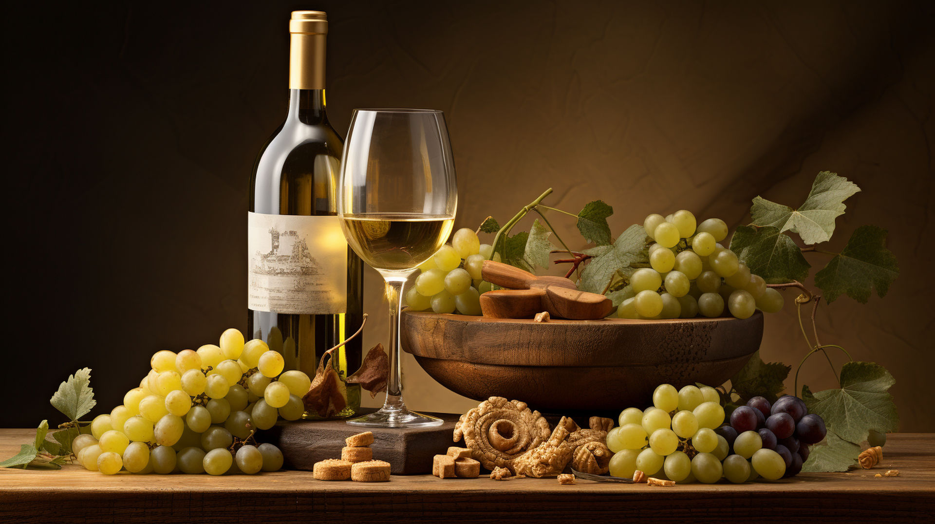 an image featuring seven distinct elements: a Chardonnay vine, a glass of Chardonnay, a wine barrel, a cork, a vineyard, a wine bottle, and a bunch of Chardonnay grapes.