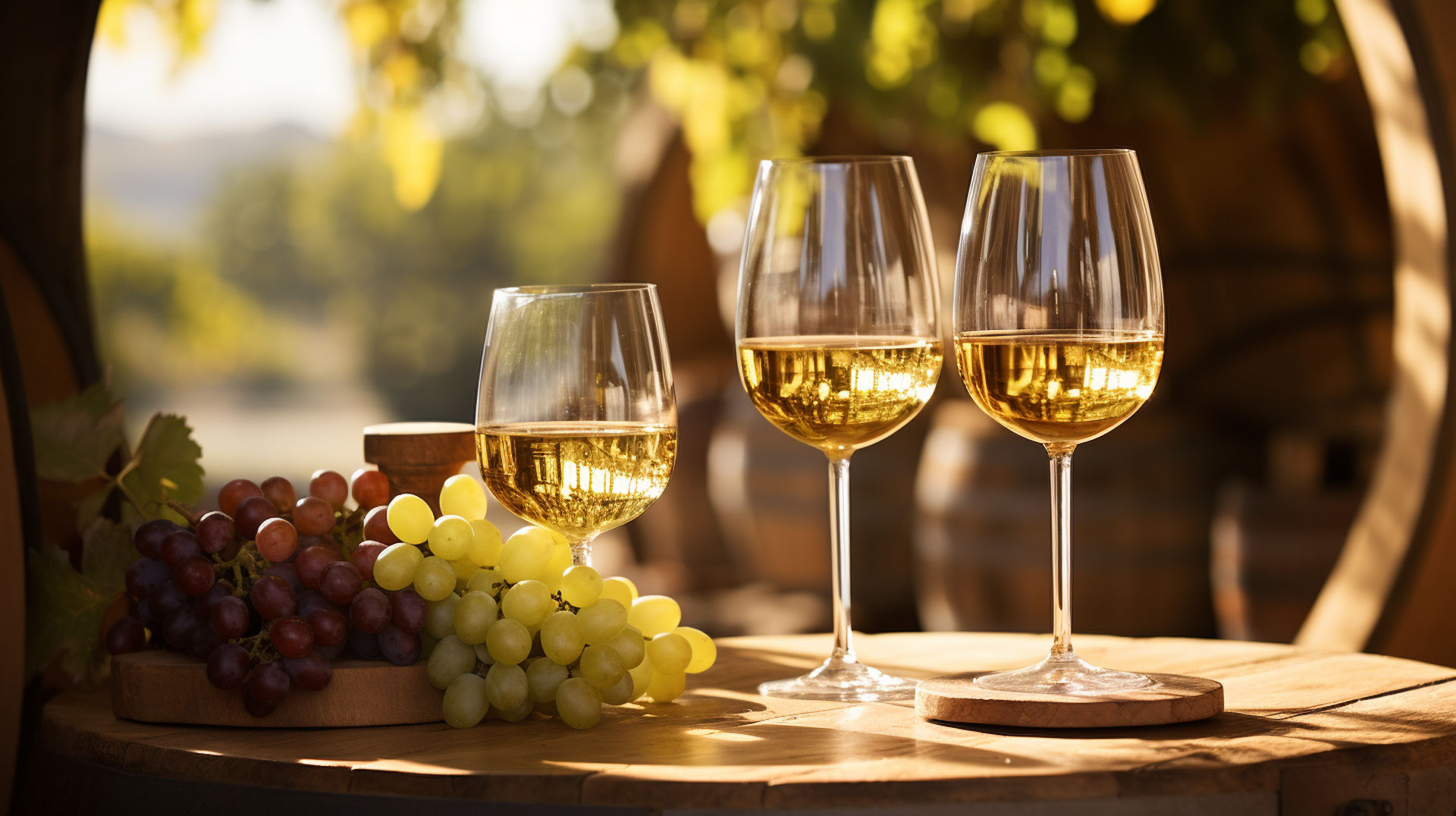 Showcase a variety of Chardonnay wine glasses with differing shades of gold, against a rustic vineyard backdrop, with a wooden barrel and an assortment of grapes in the foreground