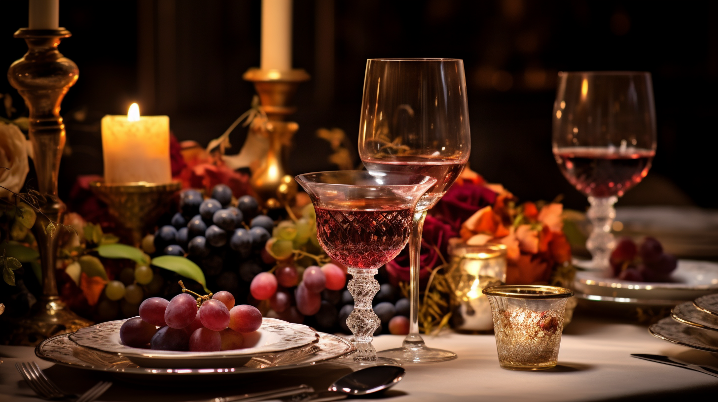 Sophisticated dinner setting, Brunello di Montalcino as centerpiece, elegant glassware, soft lighting, intense mood 