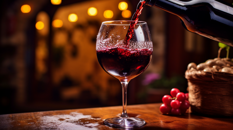 a photography capturing the essence of "Vino Tinto". Show a rich, ruby-red wine swirling in a crystal-clear glass.