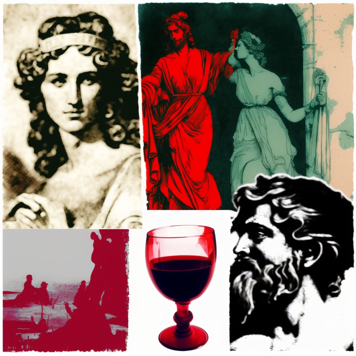 meaning of dreaming of red wine: A collage of red wine dreams in literature and folklore: a romantic scene with a couple sharing red wine symbolizing love and passion, an illustration of Odysseus tricking the Cyclops with wine from 'The Odyssey', a haunting image of Lady Macbeth with a goblet of red wine symbolizing guilt from 'Macbeth', a depiction of Dionysus, the Greek god of wine, in a joyous yet chaotic setting, a magical scene from a European folk tale where wine acts as an elixir of life, a somber café in Paris from 'The Sun Also Rises' with characters contemplating over wine, and a nostalgic scene from 'Brideshead Revisited' with a protagonist reminiscing over a glass of wine, all blended in a dreamy, artistic, and symbolic style