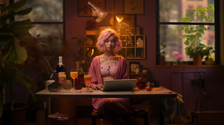 image set in 2023, featuring a 23-year-old girl sitting front of a laptop, attempting to sell an old wine on a wine website. She is dressed in a solarpunk style. Her friends are with her: one in a girl-next-door style dressed, browsing on her phone. and the other, flamboyantly dressed like a rapper, examining the old wine bottle. The architecture of the background can be seen from window is inspired by Daniel Libeskind. character designs inspired by of Lois van Baarle and Simon Bisley. Include a playful interaction among the girls, capturing a lively and warm atmosphere. A kitten is also present in the scene. On the wall, there's a leafy calendar with the visible page showing the year 2023. The image should be high resolution, capturing the diverse styles, detailed expressions, and the cozy, futuristic interior setting