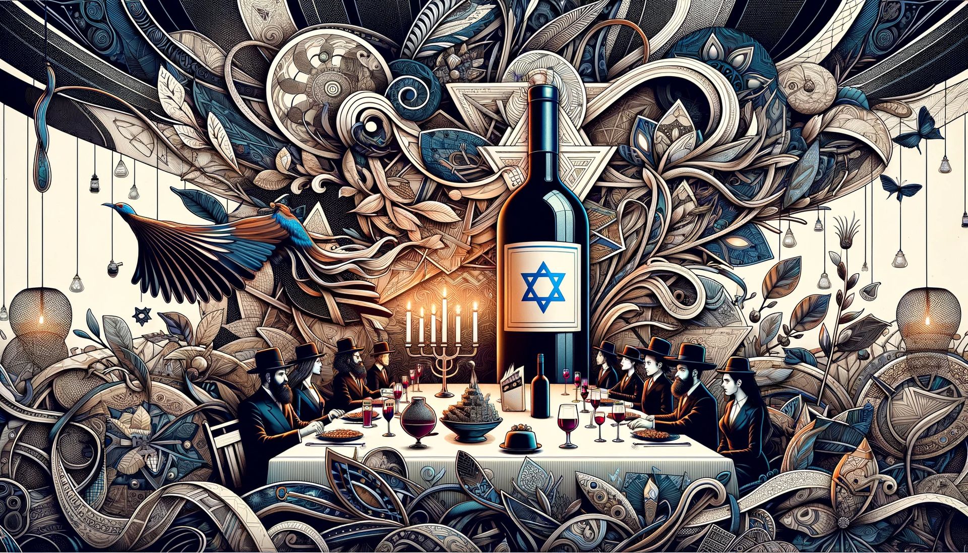 a festive Jewish holiday scene featuring a beautifully set table with a prominent bottle of kosher wine. 