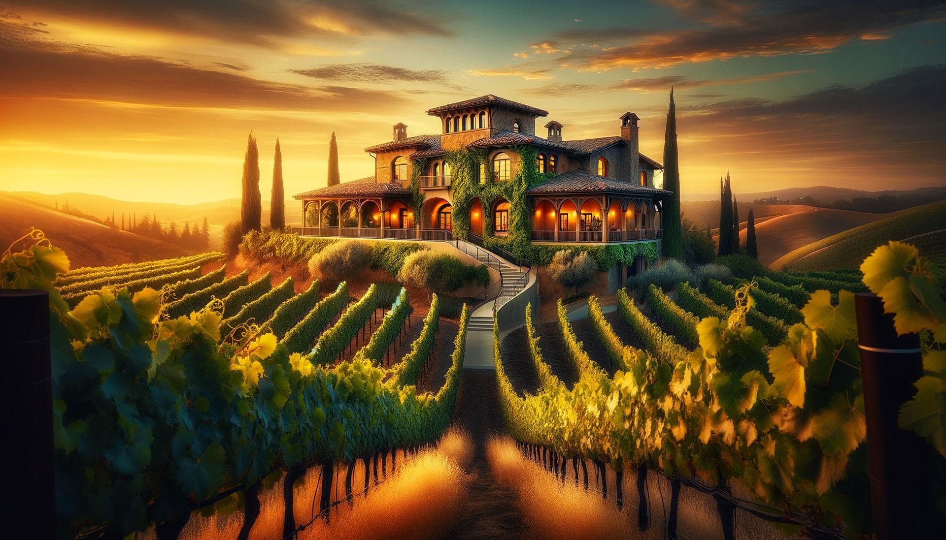 The enchanting essence of Black Stallion Estate Winery, surrounded by rolling vineyards. The image should depict the Tuscan-inspired architect.