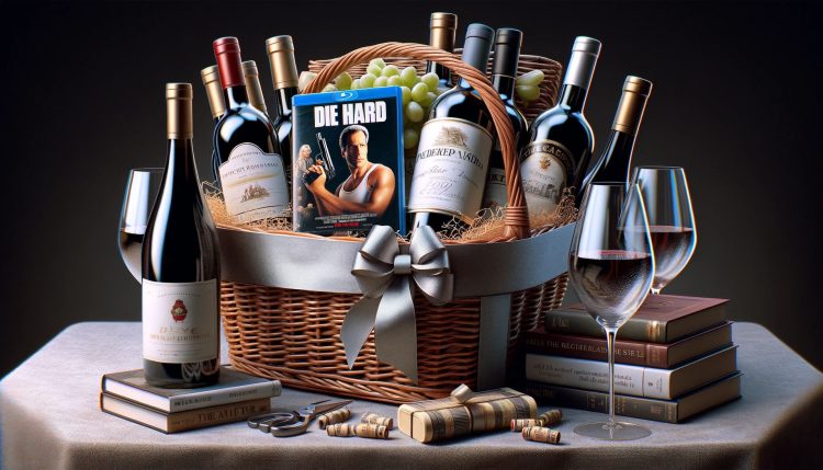 image capturing the art of making a wine gift basket, featuring a wicker basket adorned with a vibrant ribbon and nestled with elegant wine bottles, surrounded by delicately arranged wine glasses, corks, and lush green vine leaves.