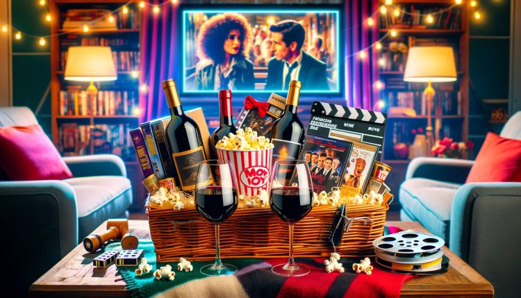 01 - wine gift basket - DALL·E 2023-12-13 16.12.54 - A vibrant, playful scene featuring a movie night themed wine gift basket. The basket is filled with an assortment of wines, classic movies on DVD, gou