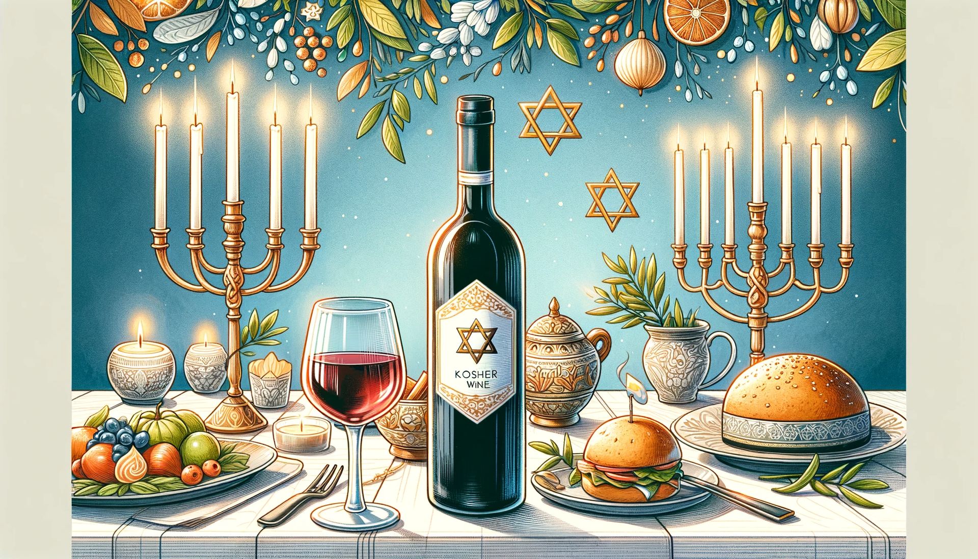 a simpler yet meaningful depiction of a festive Jewish holiday scene, focusing on a bottle of kosher wine on a tastefully set table. 