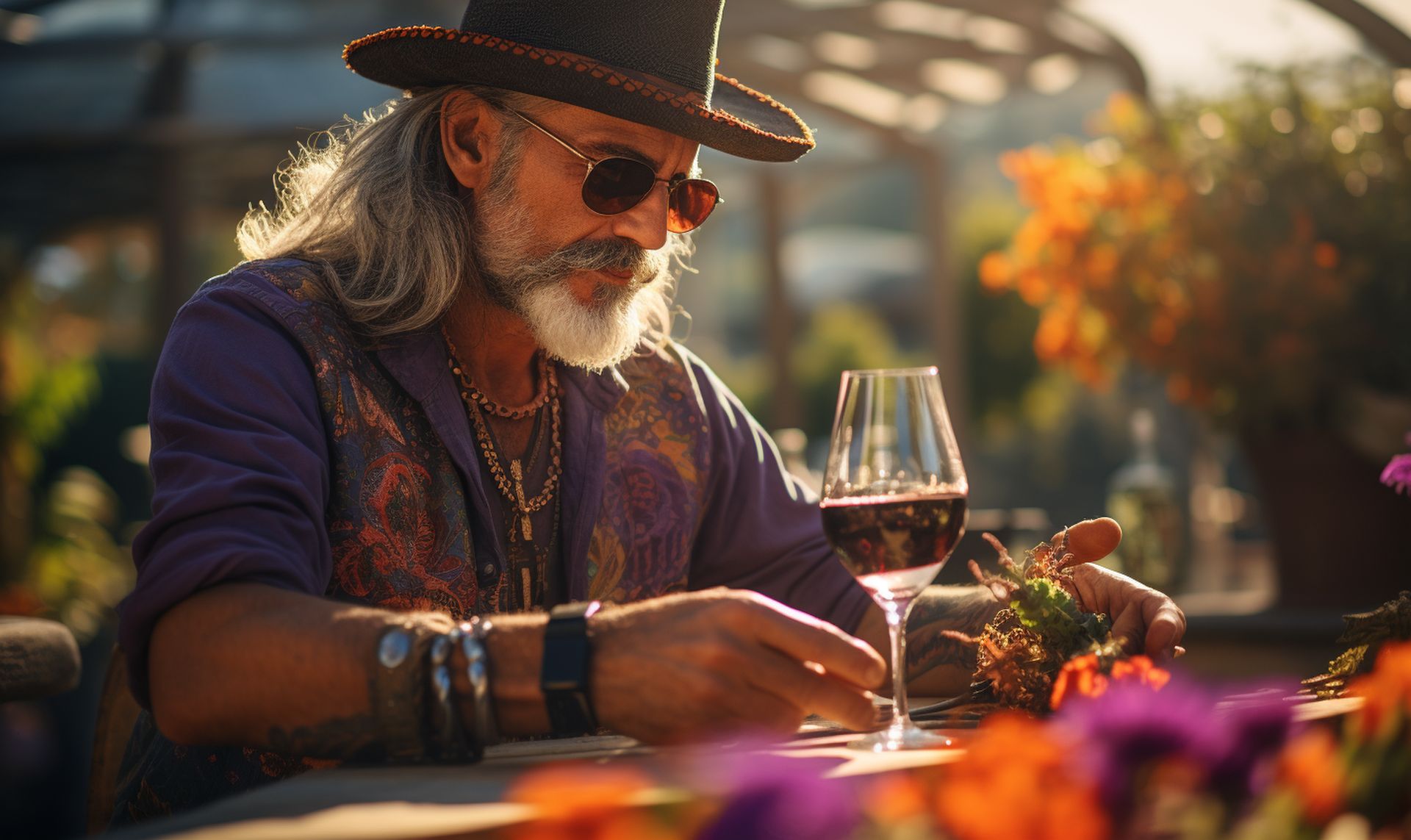 A connoisseur tasting the finest California wines of 2023, in a sophisticated vineyard garden