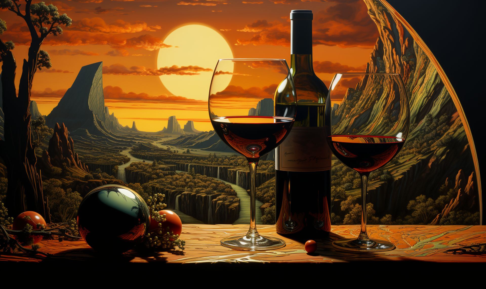 An artistic depiction of a wine bottle and glass from the best California wines of 2023