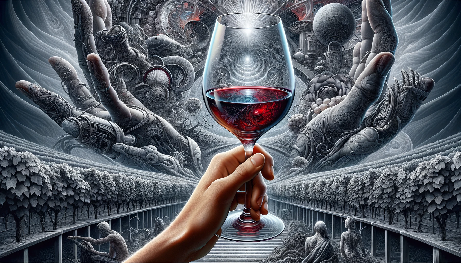 close-up scene of a hand holding a UV-resistant wine glass filled with red wine, showcasing the clarity of the glass and its ability to shield the wine from UV rays, set against a backdrop of vineyards 