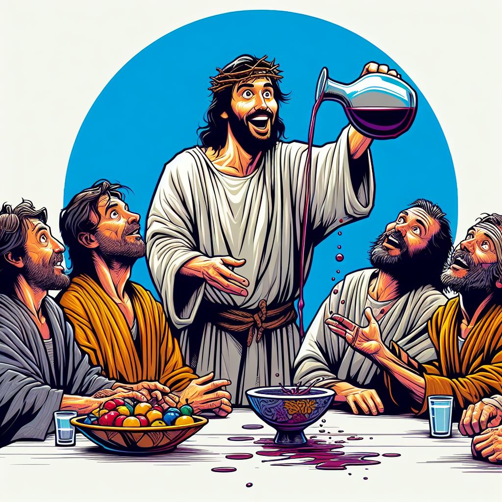 Illustration depicting the miraculous event where Jesus turns water into wine, encapsulating the essence of the biblical story.