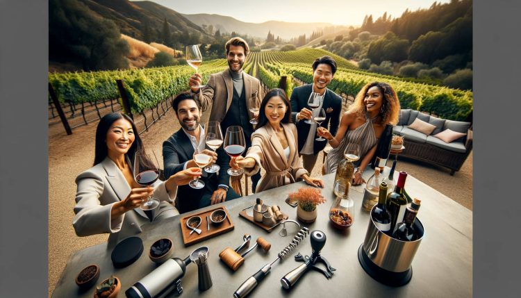 A wide-angle view of happy wine enthusiasts toasting with glasses in a vineyard garden, showcasing the beauty of a wineyard. best wine tools 2023.png