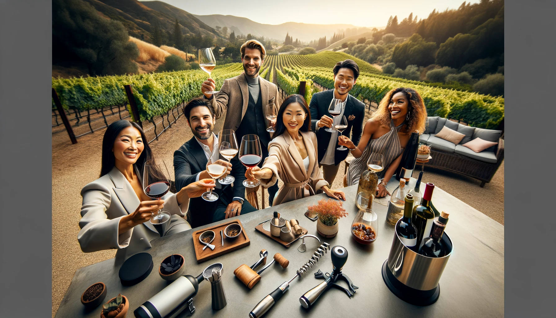 A wide angle view of happy wine enthusiasts toasting with glasses in a vineyard garden showcasing the beauty of a wineyard. best wine tools 2023