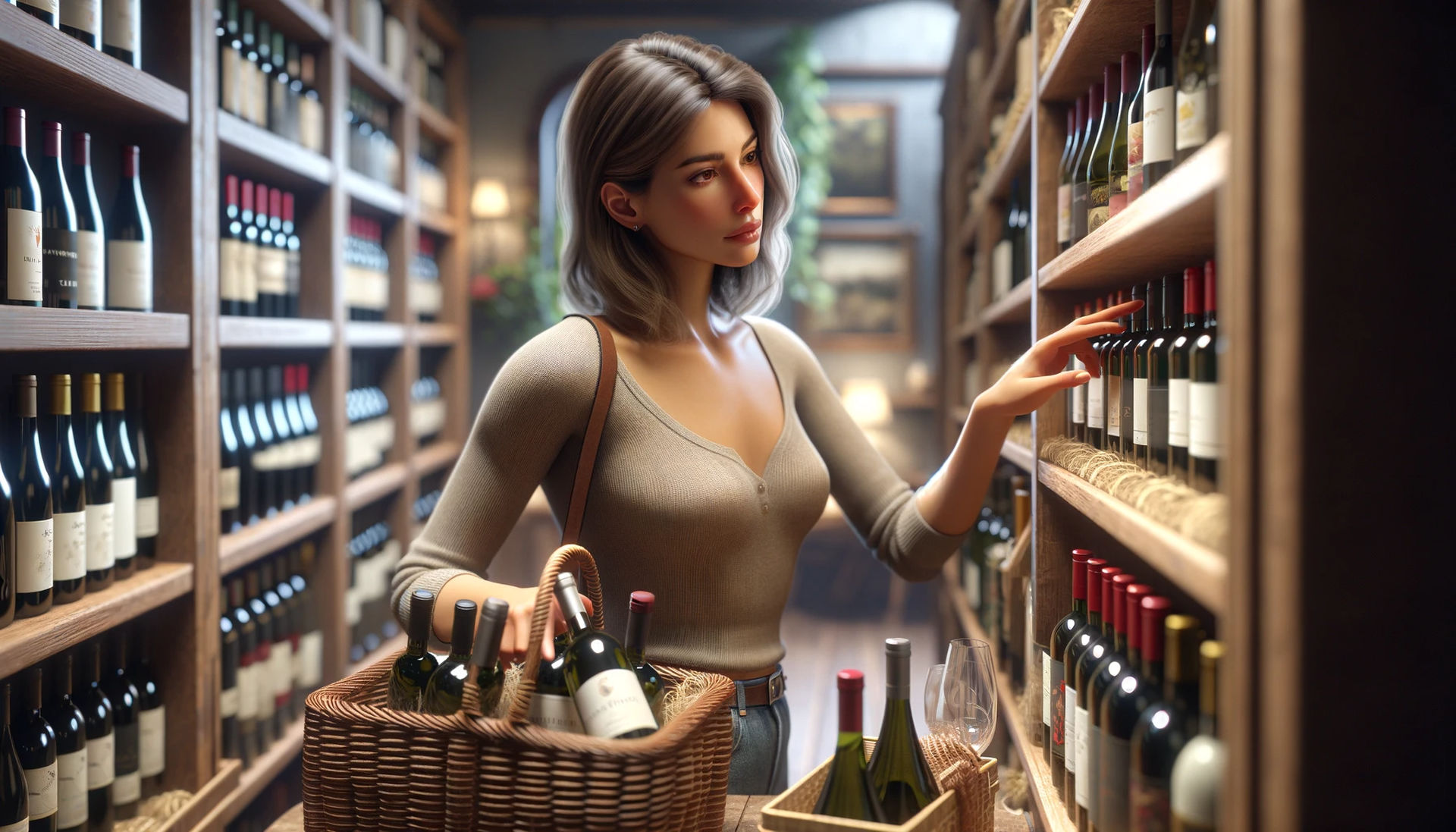 In a cozy wine shop, a Caucasian charming woman is thoughtfully selecting different types of wine bottles for a gift basket. 
