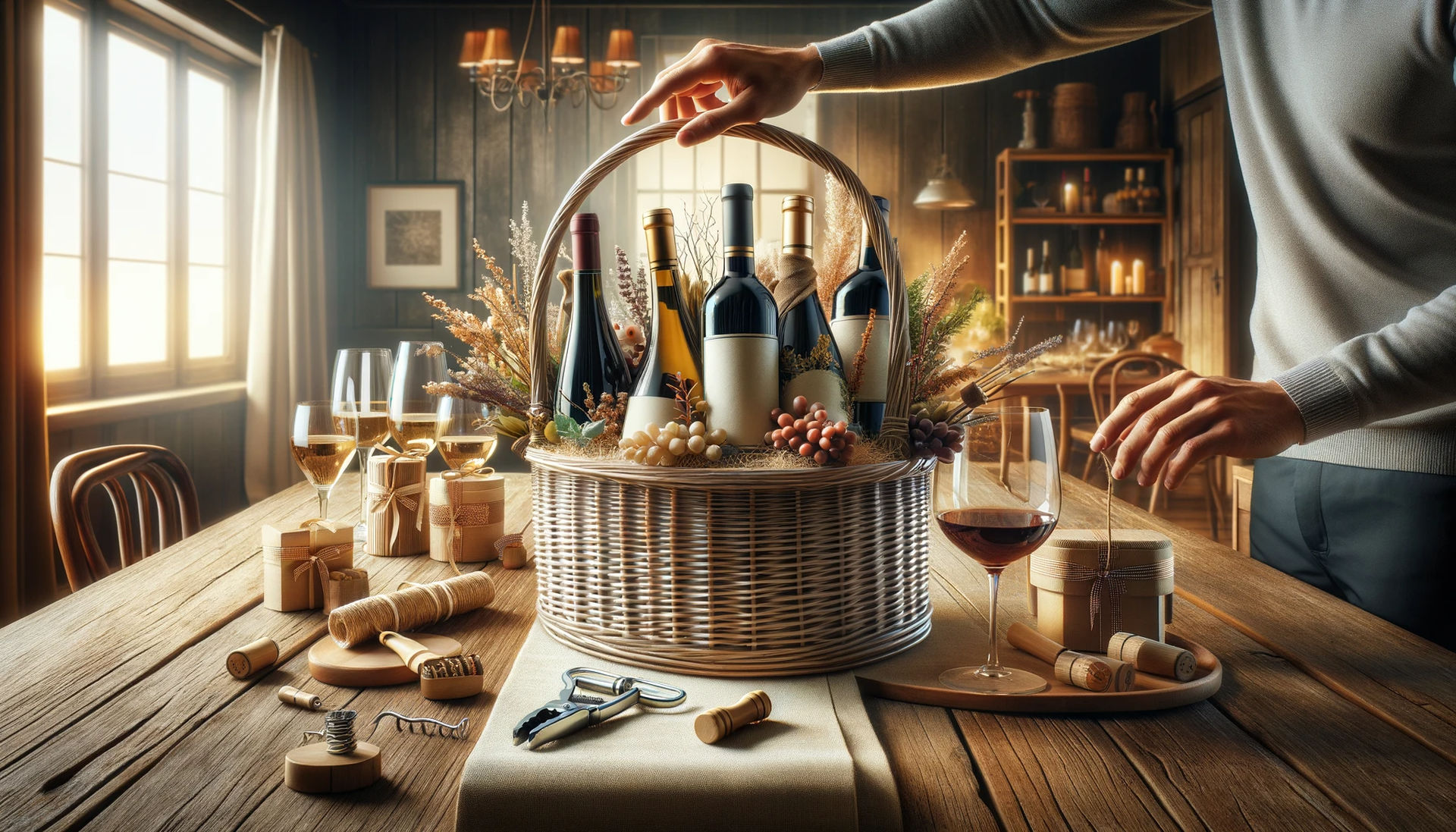 Wine Gift Basket: Include gourmet snacks like cheese, crackers, or chocolates in your wine gift basket.