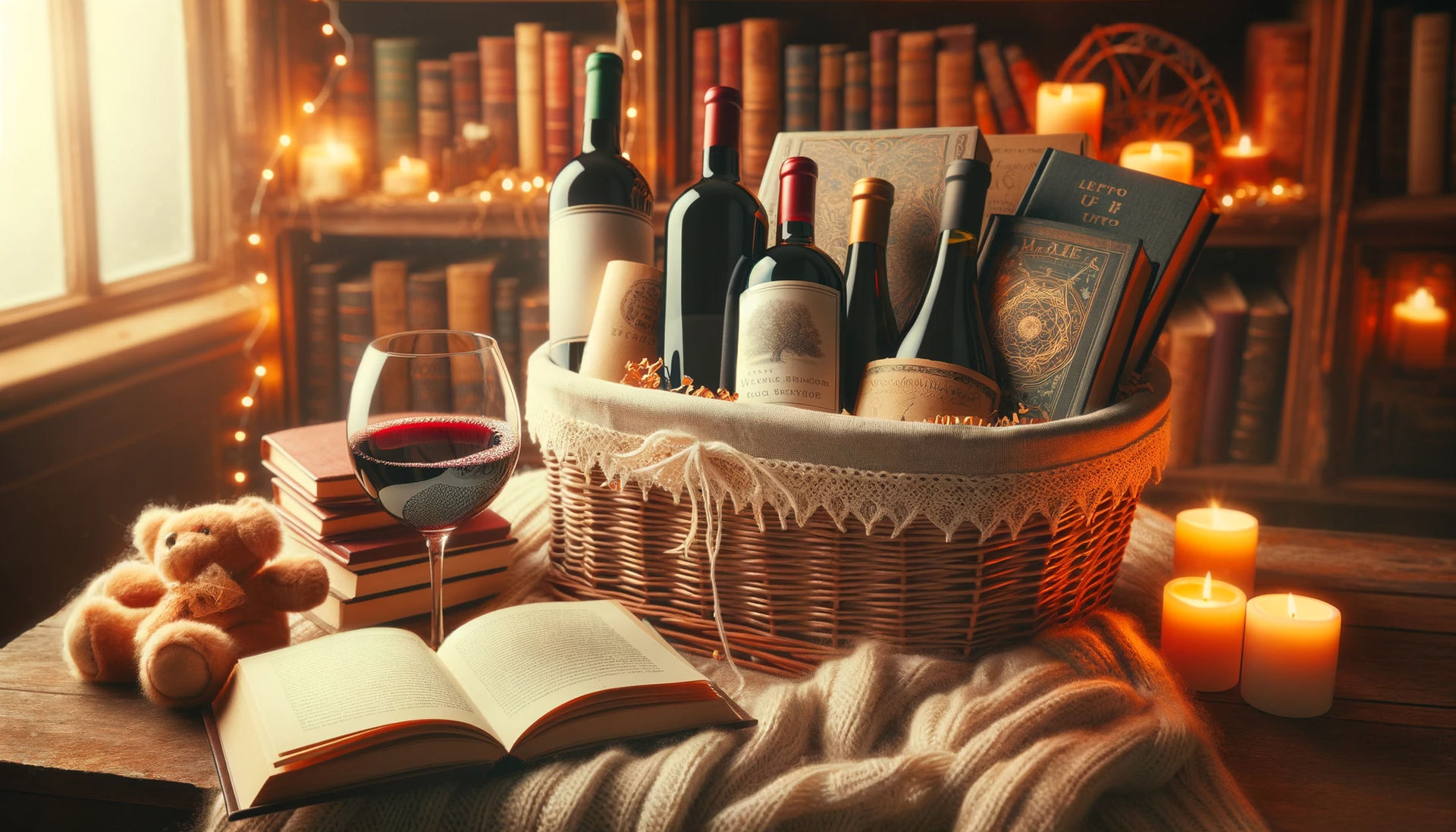 DALL·E 2023-12-13 15.16.08 - A cozy, inviting scene depicting a wine and book pairing gift basket. The basket contains a selection of fine wines, each paired with books 