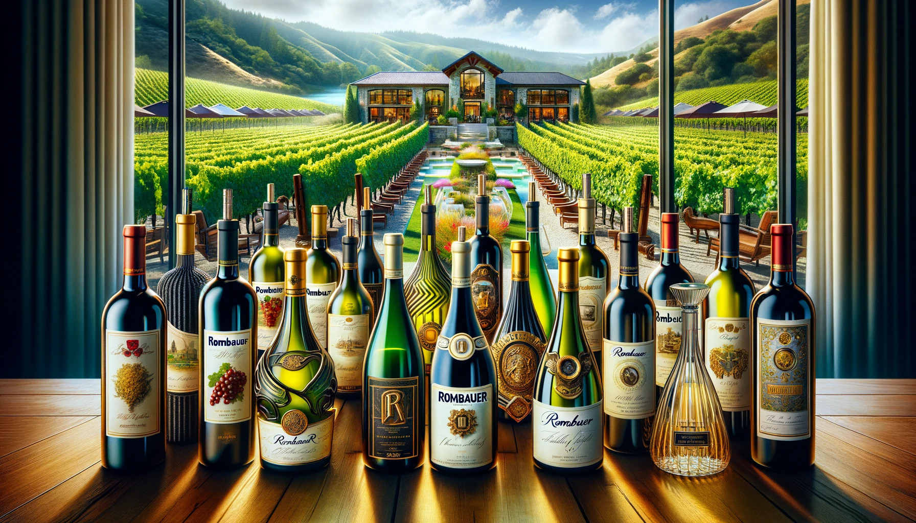 An-elegant-display-of-various-Rombauer-wine-bottles-each-unique-in-design-arranged-against-a-picturesque-backdrop-of-the-vineyard-and-tasting-room