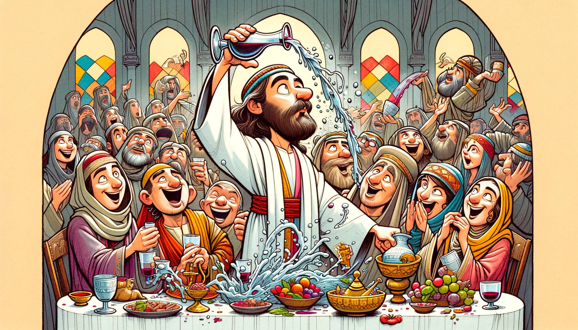 DALL·E 2023-12-18 15.26.31 - Create a whimsical and humorous caricature of the biblical scene at the wedding at Cana where Jesus turns water into wine. The style should be a fusio (1).jpg