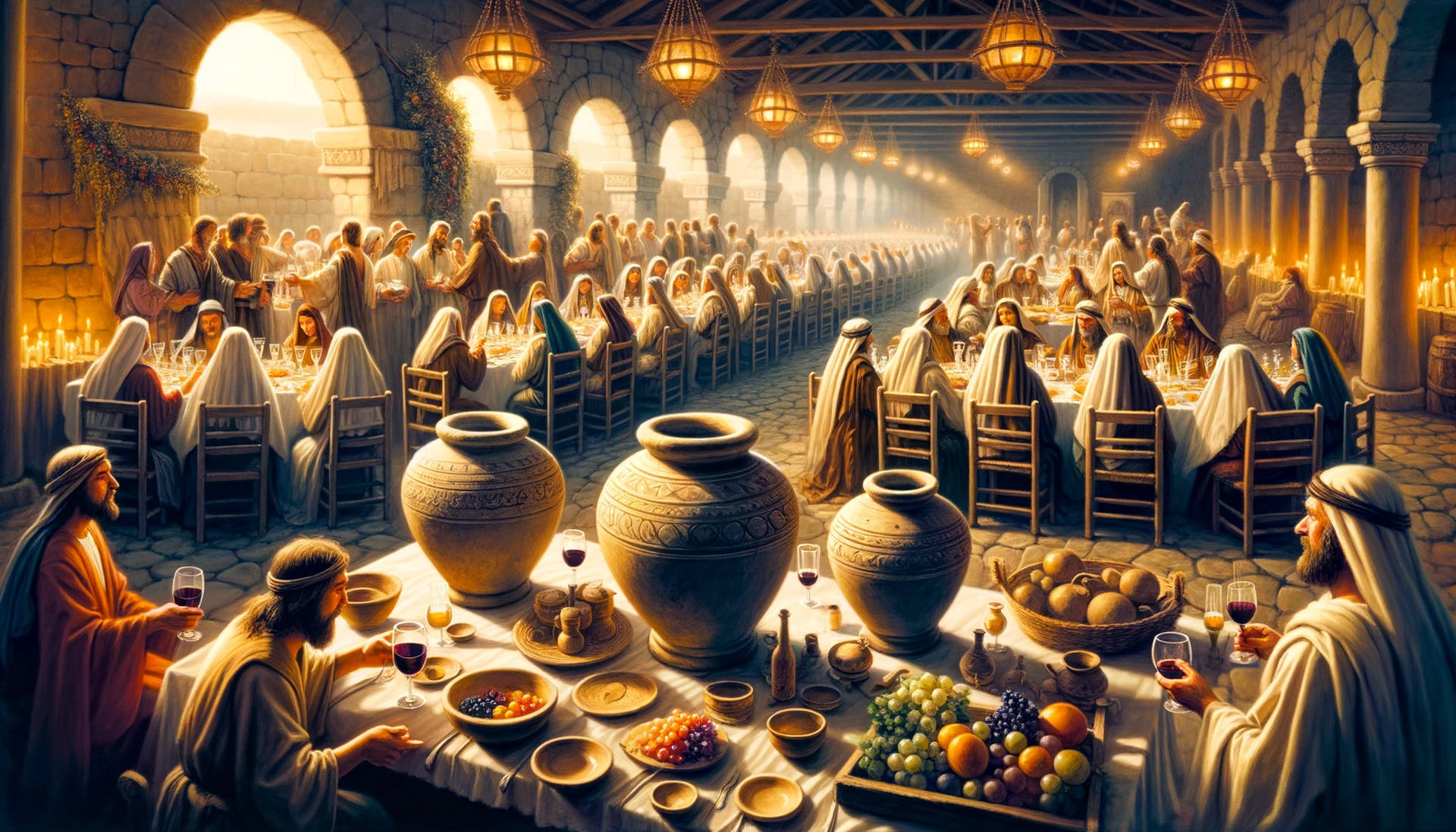 a tableau of the Wedding at Cana, focusing on the water jars used by Jesus to turn water into wine, set against a backdrop of a joyous biblical feast, blending historical accuracy with artistic creativity. - umut taydas