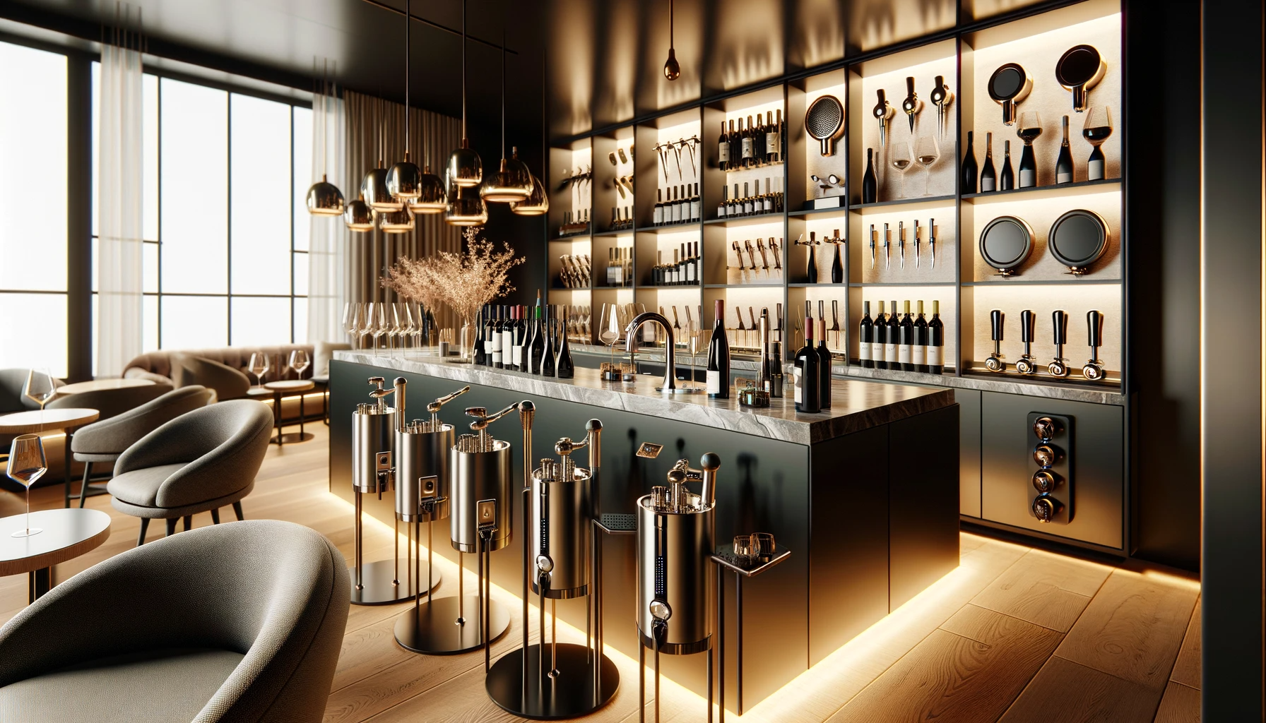 best wine accessories: A modern, elegantly designed wine bar set in 2023, featuring the latest wine accessories artistically displayed