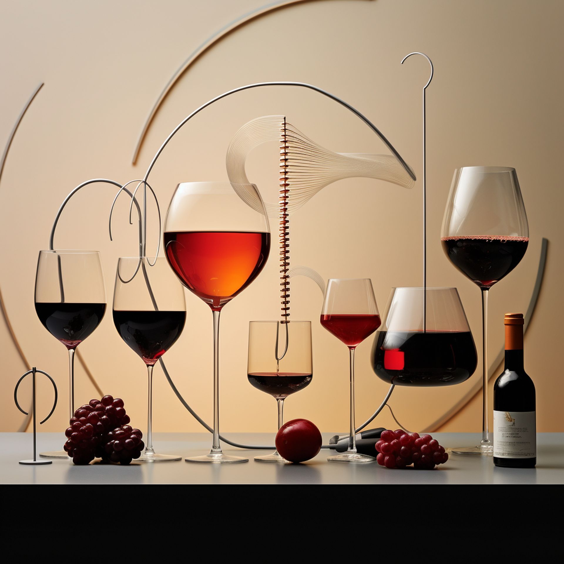 an artistic representation of different wine glass shapes, each paired with a specific wine type. The image emphasizes the scientific rationale behind each design, set in a modern laboratory-like setting with annotations.