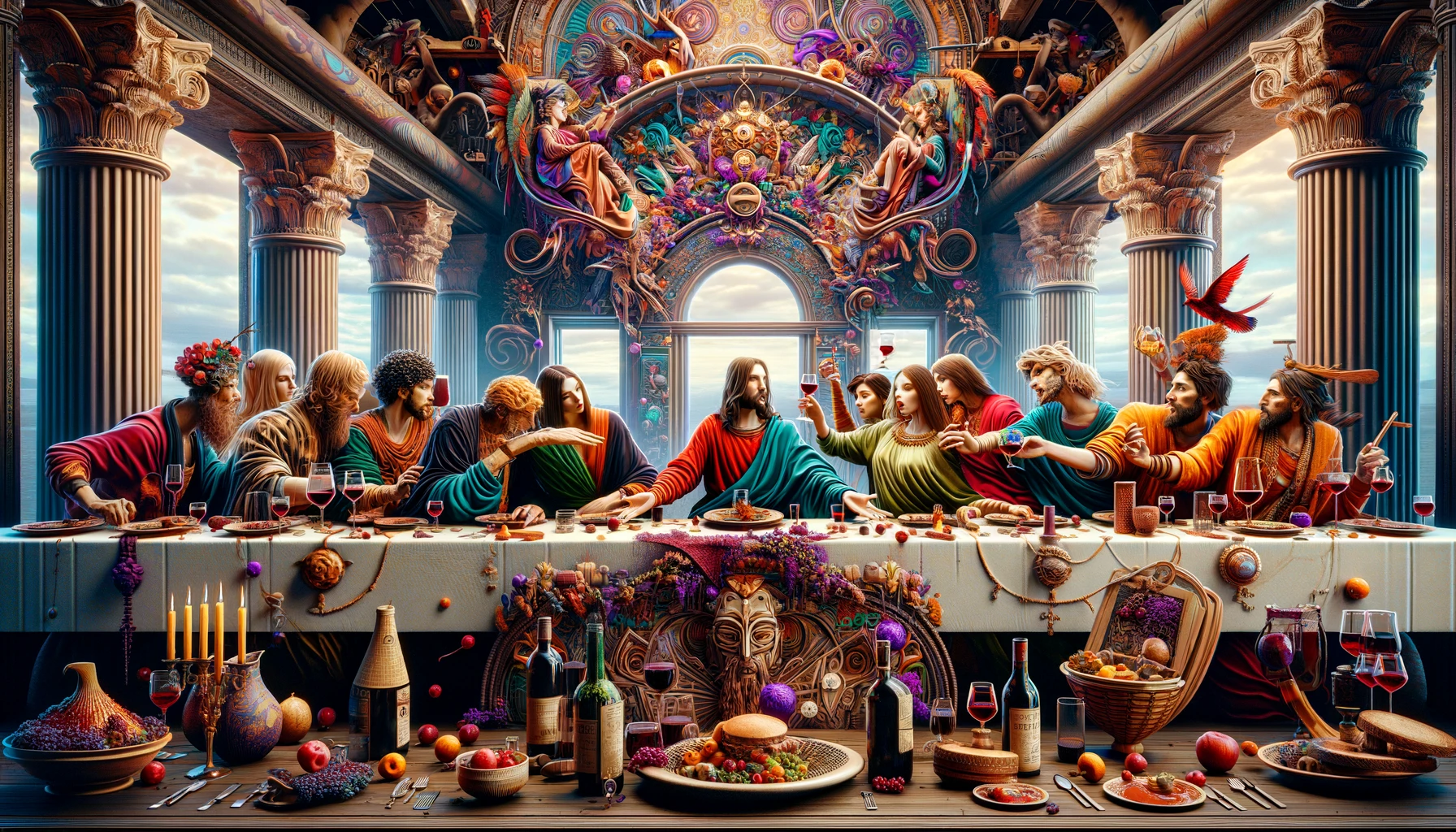 Wine as a metaphor: The Last Supper" in a 16:9 aspect ratio, focusing on a vibrant and artistic interpretation with an emphasis on the joy of red wine and extravagant table settings. The characters will be styled in a dynamic, detailed, and intense artistic manner, inspired by various artistic influences but not directly referencing any specific artists. The background will be imaginative, featuring intricate designs and a biophilic style. This scene will be depicted in an ultra-realistic, high-resolution 4K style.