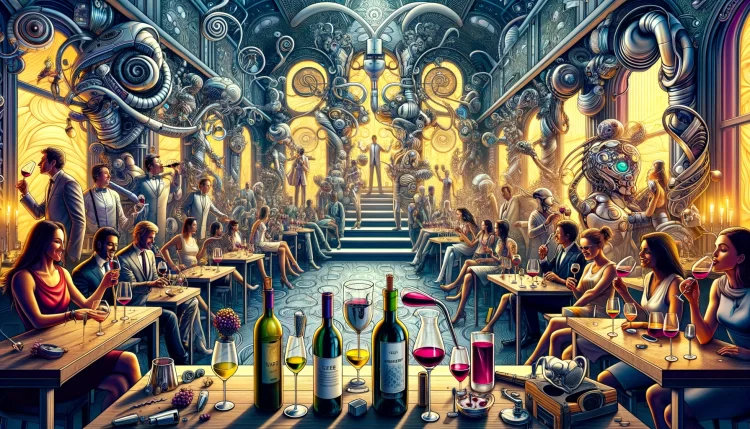 a celebratory wine tasting scene set in a room with intricate, Escher-like architecture and biomechanical designs reminiscent of Giger's style. The room is filled with people of diverse descents and genders, each using different top 10 wine accessories, showcasing the joy and excitement of wine tasting. The characters are drawn with a dynamic and vivid art style, capturing the essence of rizz art and featuring detailed character representations akin to high fantasy art. The scene is bathed in dramatic, noir-like lighting, adding intensity and depth to the celebration. The overall composition is captured in a 4K ultra-realistic style, resembling a high-resolution photo taken with a Canon EOS 5D Mark IV camera, in a 16:9 ratio. The accessories include a wine decanter, glasses, corkscrew, wine cooler, aerator, wine stopper, foil cutter, drip ring, wine rack, and a wine journal, each being used naturally in the scene.