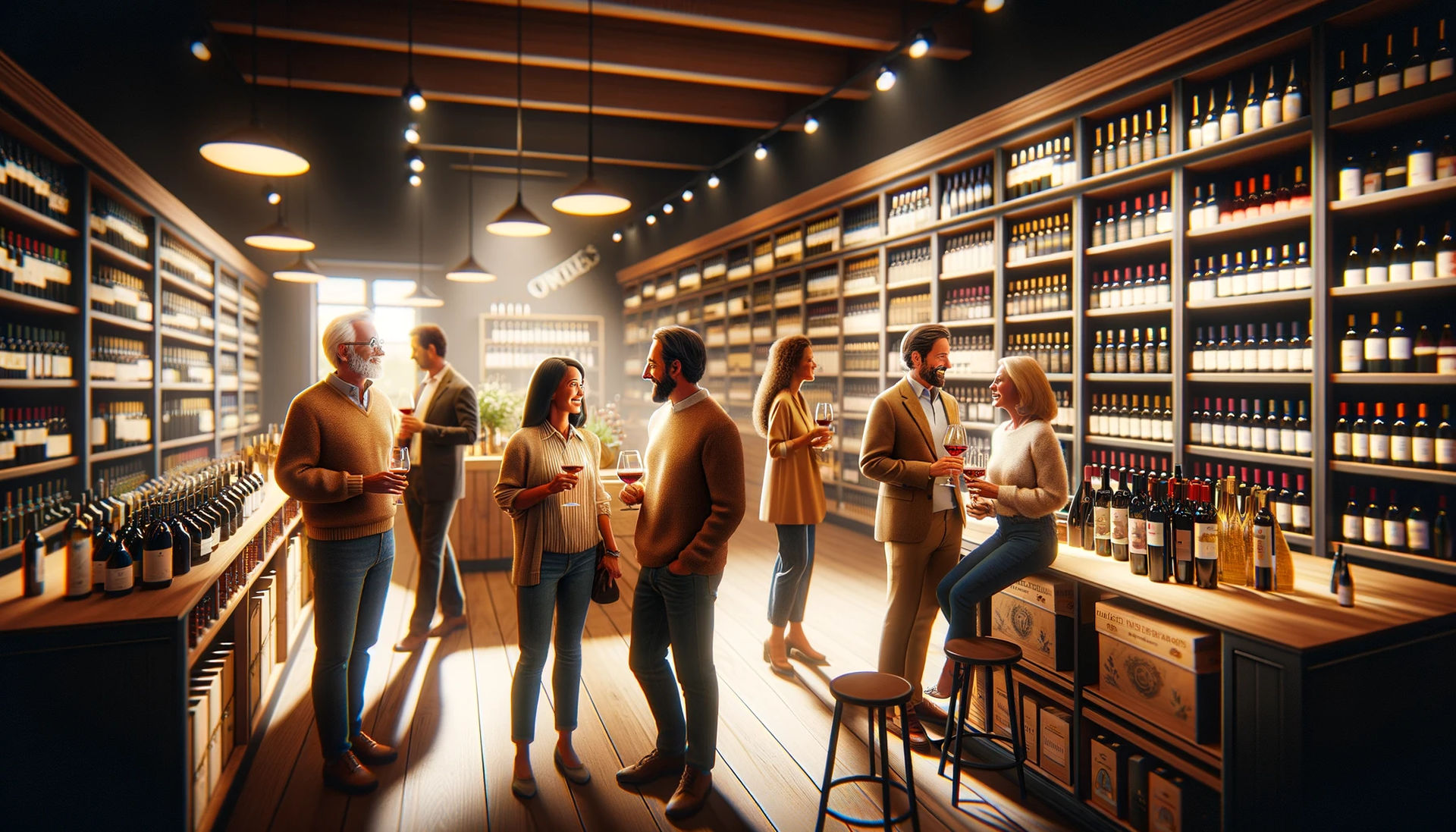 A warm, inviting scene at Total Wine & More's store, with customers happily browsing and discussing their favorite wine selections, capturing the essence of community and passion for wine.